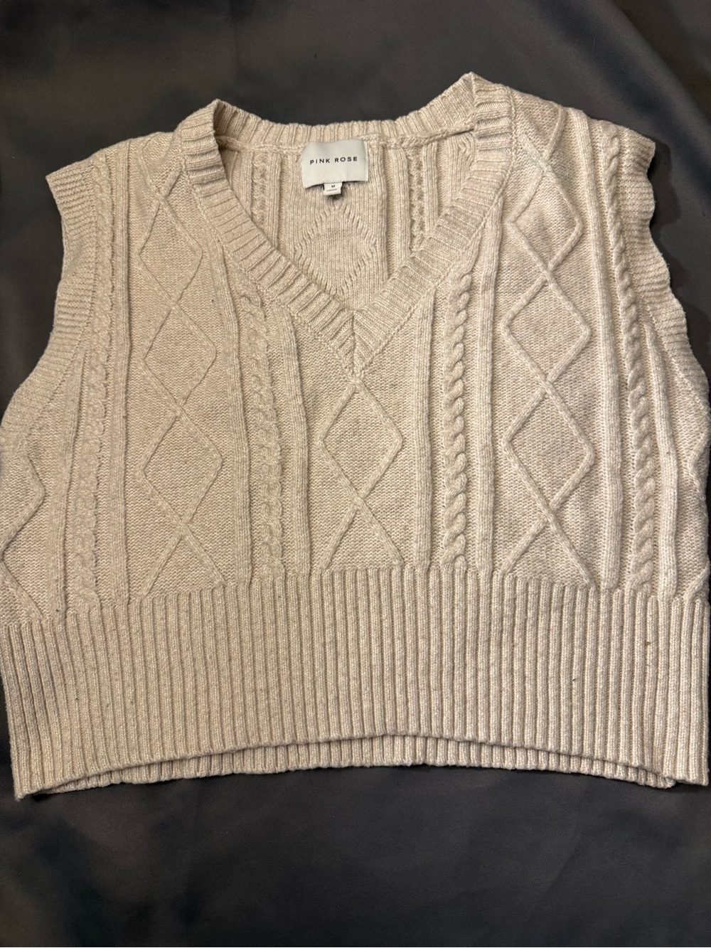 Pink Rose V-Neck Cable Knit Sweater Vest - Cream